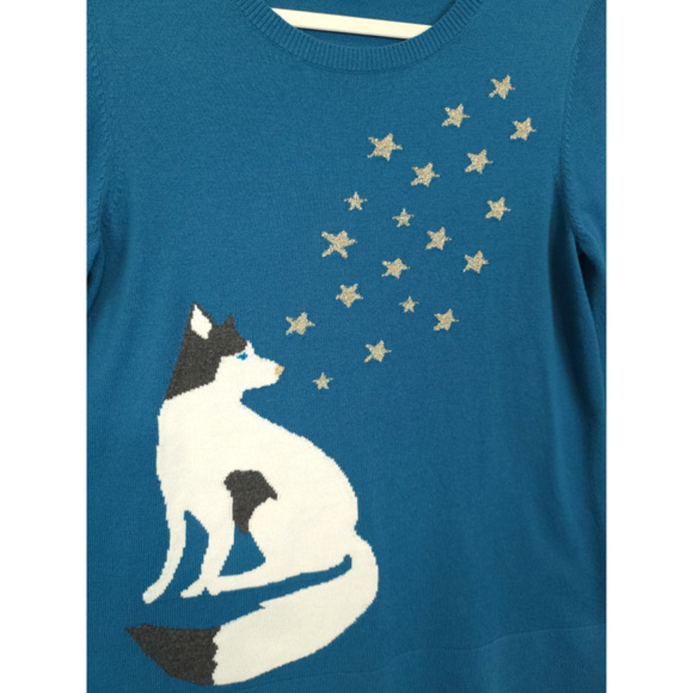 LOFT Sweater Women M Blue Knit Pullover Huskey Dog Stars Graphic Whimsical Cozy - Picture 12 of 12